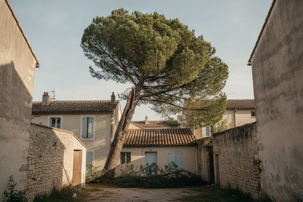 Grand pin parasol incliné menaçant une toiture dans le quartier Trinquetaille à Arles