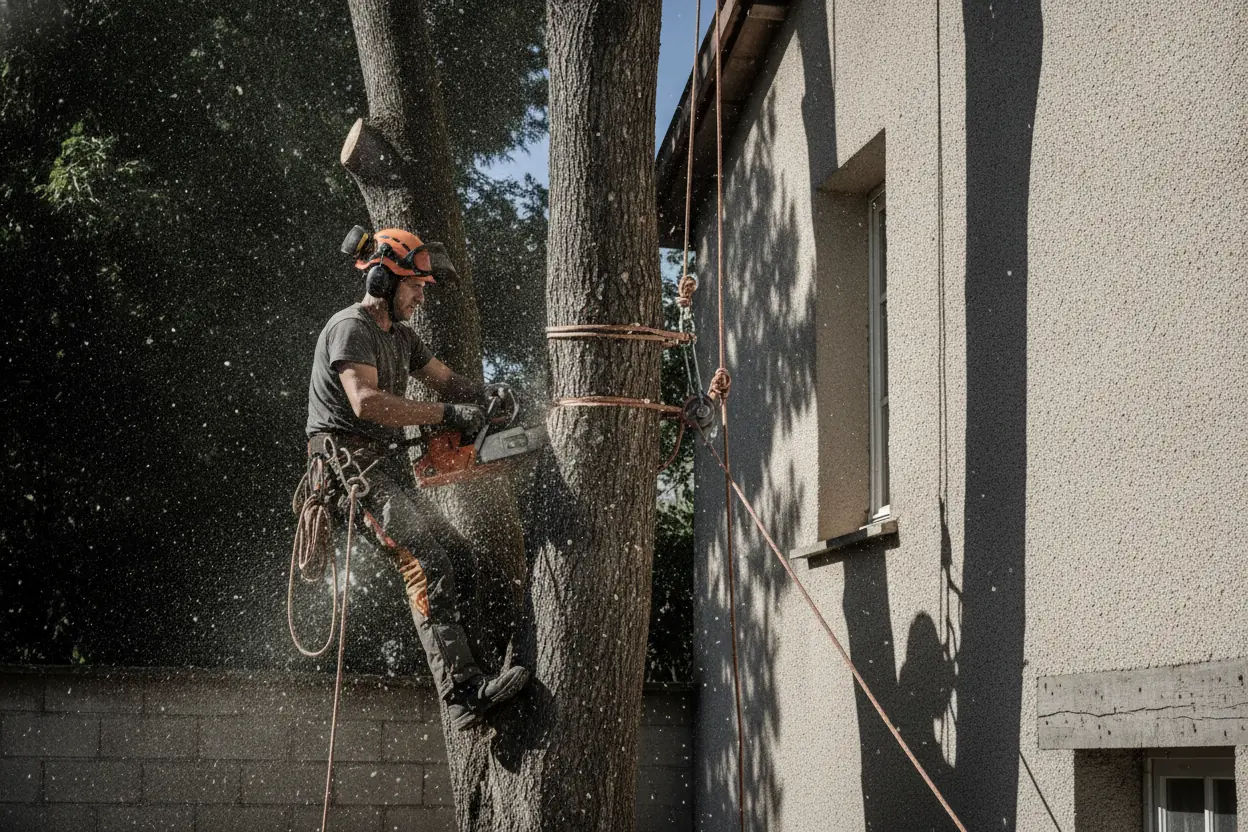 Démontage d'arbre dangereux par rétention dans le centre historique d'Arles