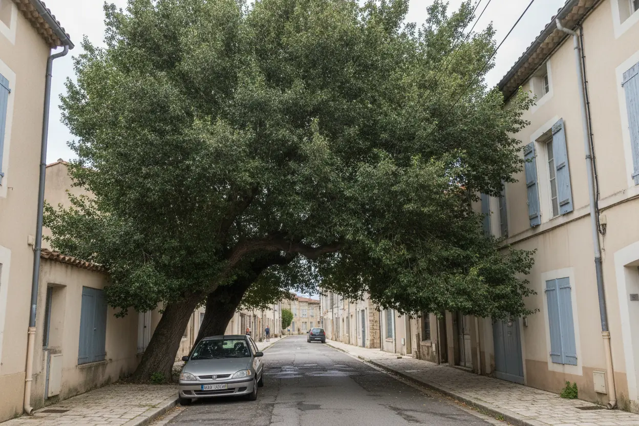 Grand platane centenaire avec houppier dense et branches basses dangereuses avant élagage à Trinquetaille