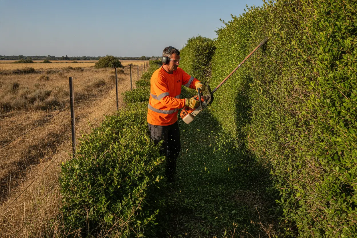 Taille de haie de cyprès dans un jardin camarguais près d'Arles