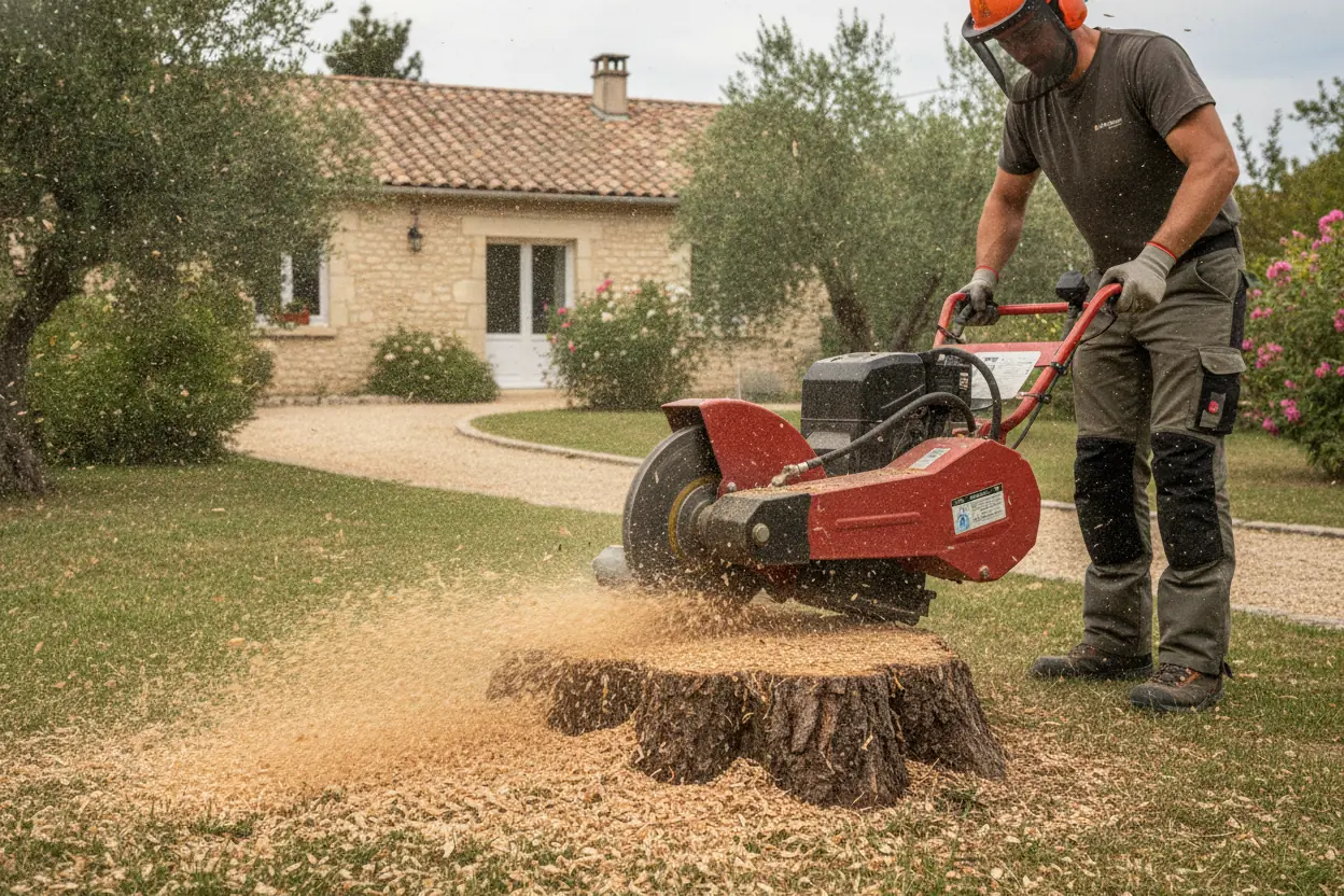 Rognage de souche d'arbre abattu à Arles avec machine professionnelle