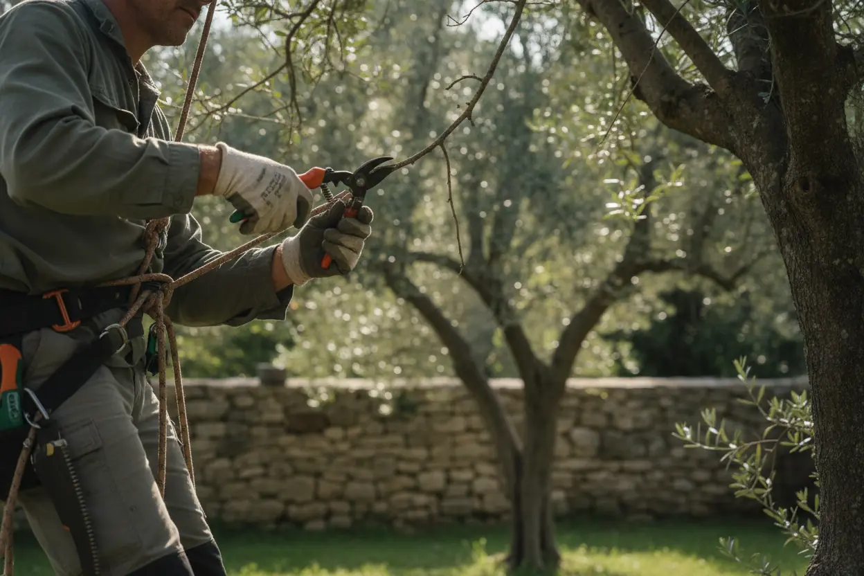Arboriste grimpeur réalisant un élagage sur platane à Arles en Camargue