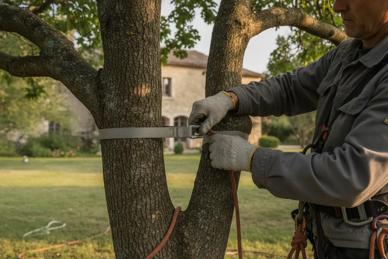 Pose de câble de haubanage sur un platane centenaire fragilisé par le mistral à Tarascon